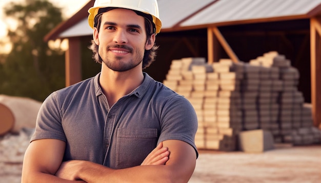 Retrato de IA generativo de um jovem construtor atraente usando um capacete e de pé com os braços cruzados contra um fundo de casa de construção