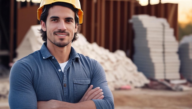 Retrato de IA generativo de um jovem construtor atraente usando um capacete e de pé com os braços cruzados contra um fundo de casa de construção