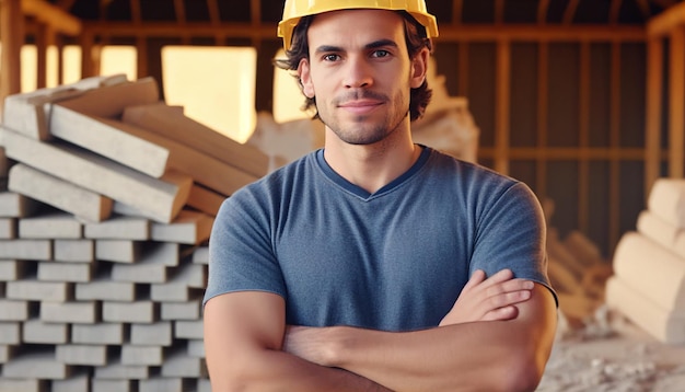 Retrato de IA generativo de um jovem construtor atraente usando um capacete e de pé com os braços cruzados contra um fundo de casa de construção