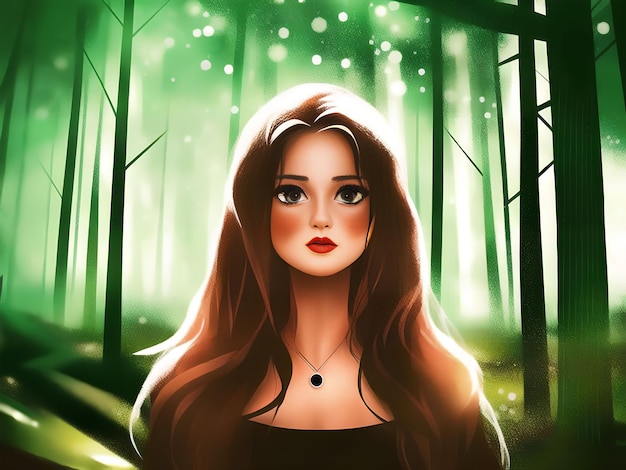 Retrato de ilustração de mulher na arte generativa da floresta por IA