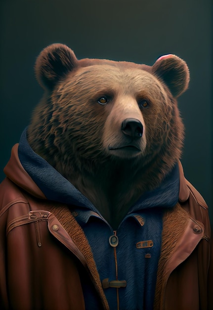 Retrato de ilustração de urso vestindo jaqueta Generative AI