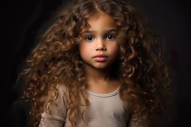 Retrato de inocência encantadora de criança com pele cor de caramelo, cabelo longo encaracolado gerado por ai