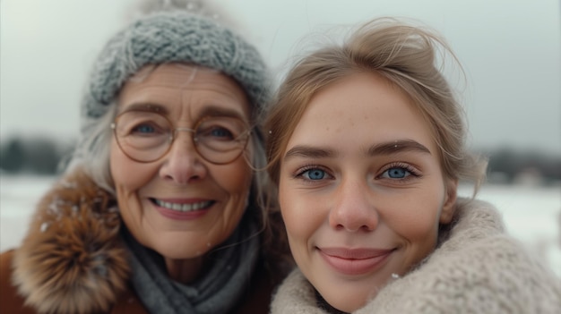Foto retrato de inverno de avó e neta sorridente ao ar livre