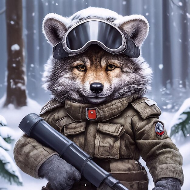 Retrato de inverno de um lobo em uma jaqueta militar com uma arma