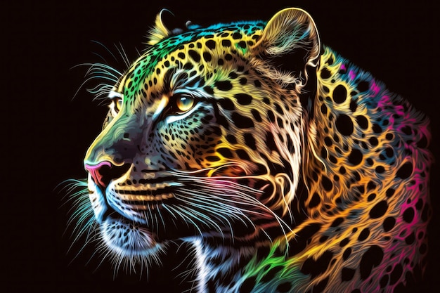 Retrato de jaguar em cores neon em um fundo escuro generativo ai