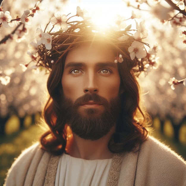 Retrato de Jesus Cristo em coroa de flores no jardim de primavera