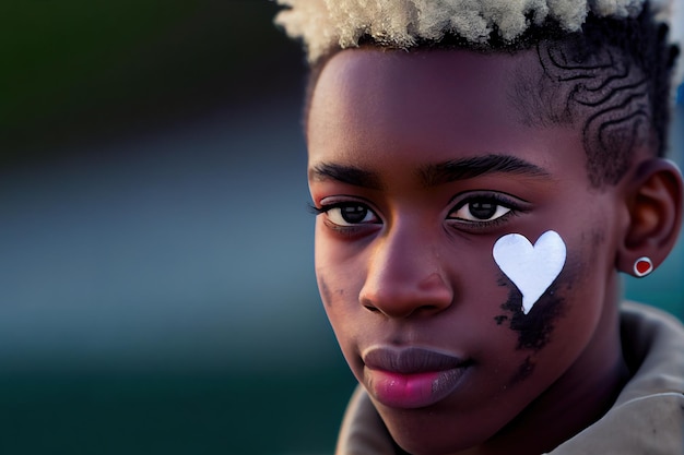 Retrato de jovem afro com coração branco no rosto Generative Ai