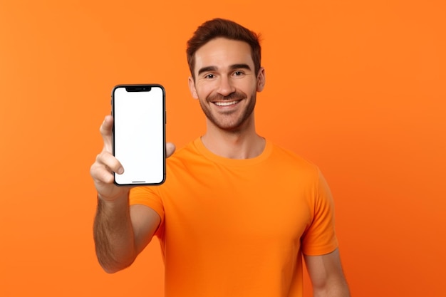 Retrato de jovem anunciando novo smartphone mostrando-o para a câmera contra um fundo laranja