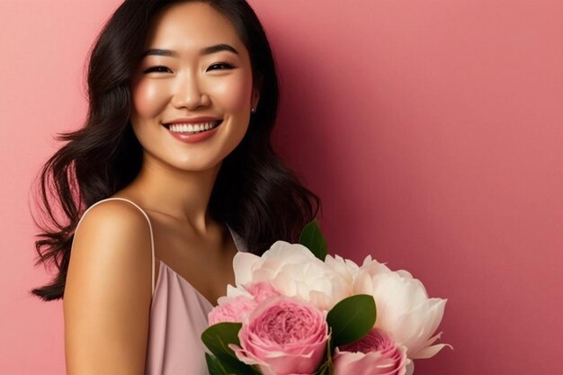 retrato de jovem asiática sorrindo com expressão alegre com segurando flores buquê.