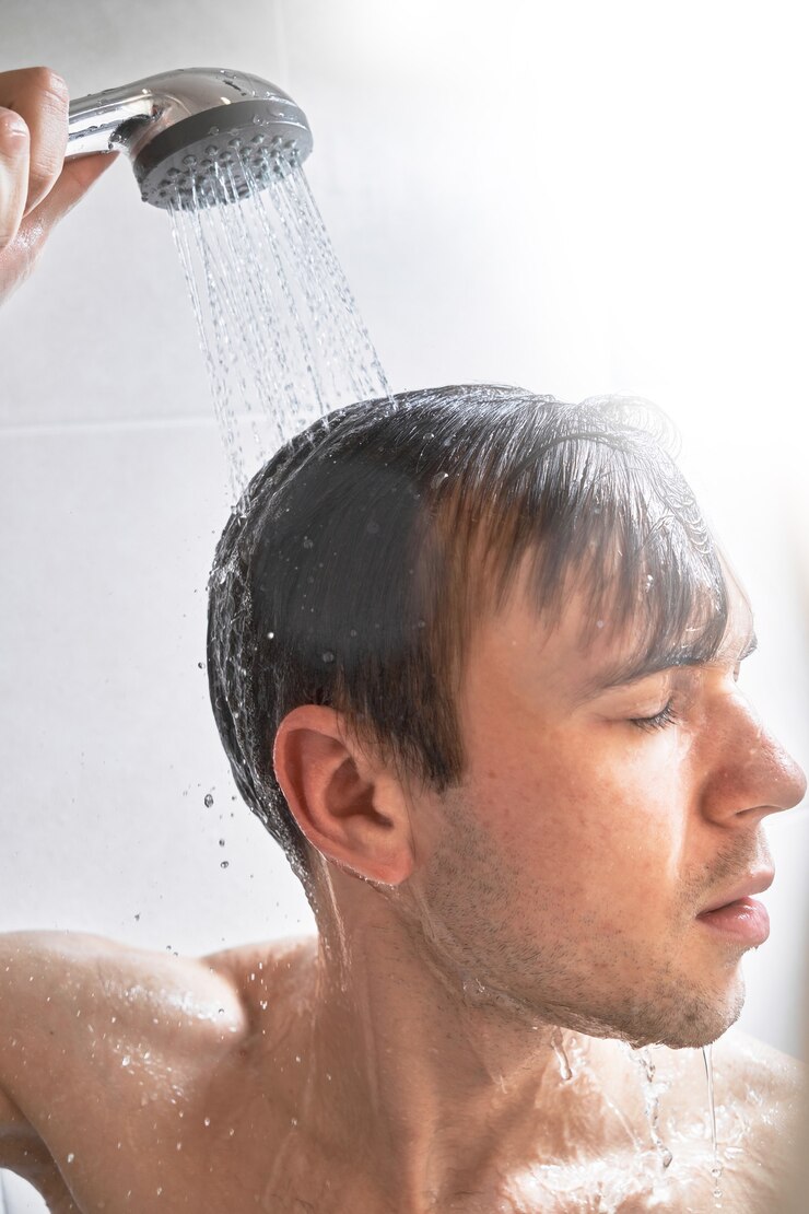 Foto retrato de jovem bonito se lavando com gel de banho, ensaboando a cabeça com shampoo no banheiro em casa close-up