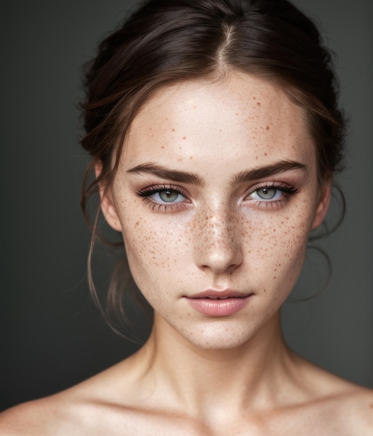 Retrato de jovem cabelo comprido encaracolado com estilo de maquiagem eclético no rosto e pele limpa perfeita