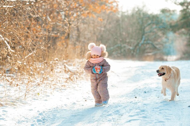 Retrato de jovem de chapéu rosa jogando jogo ativo com seu cachorro golden retriever na temporada de inverno