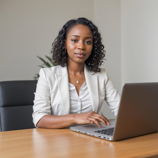retrato de jovem empresária africana com laptop e tecnologia mundial digital