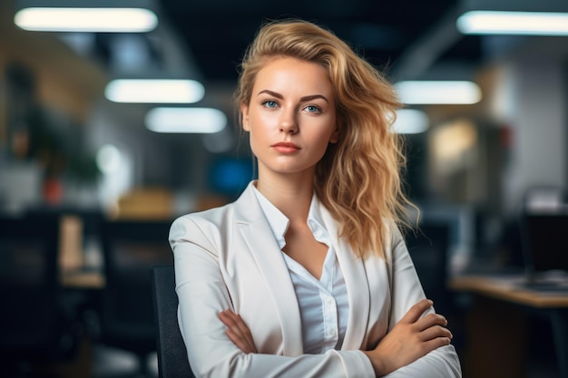 retrato de jovem empresária no escritório com os braços cruzados