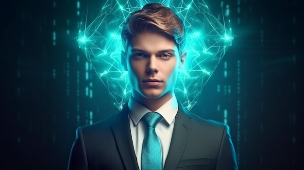 Retrato de jovem empresário com cérebro poligonal cintilante generativo AI