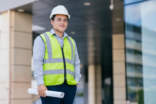 Retrato de jovem engenheiro asiático vestindo colete de segurança e capacete em pé no fundo do canteiro de obras Conceito de trabalhador da construção civil