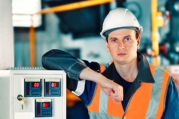 Retrato de jovem engenheiro caucasiano em capacete branco e colete de proteção trabalhador da indústria de gás nas instalações de produção