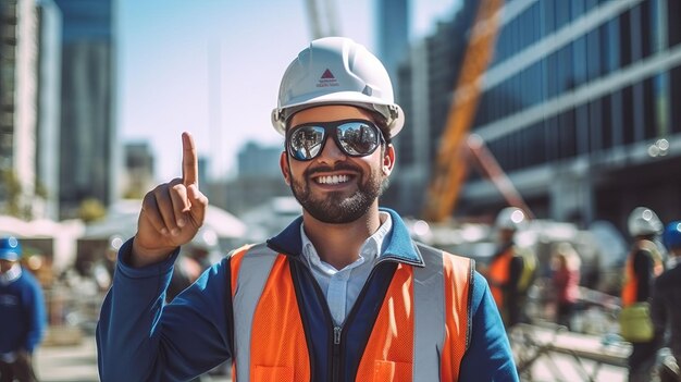 retrato de jovem engenheiro civil em sinal de vitória de EPI em canteiro de obras alto