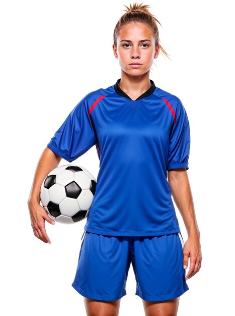 Retrato de jovem jogadora de futebol isolado em fundo branco Futebolista de mulher AI Generative