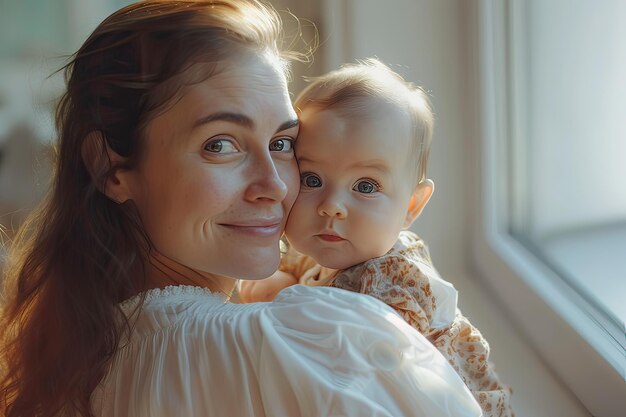 Retrato de jovem mãe e filha bebê dentro de casa IA generativa