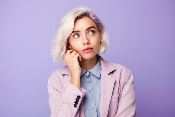 Foto retrato de jovem mulher adulto roxo