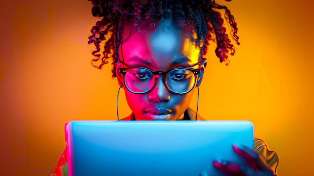 Retrato de jovem mulher afro-americana usando laptop em luz de néon cores de néon futuristas