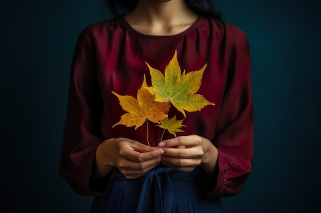 Retrato de jovem mulher atraente segurando folhas amarelas nas mãos em um dia ensolarado de outono