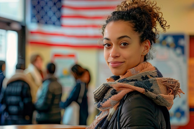 Foto retrato de jovem mulher de raça mista no posto de votação com a bandeira dos eua na parede atrás