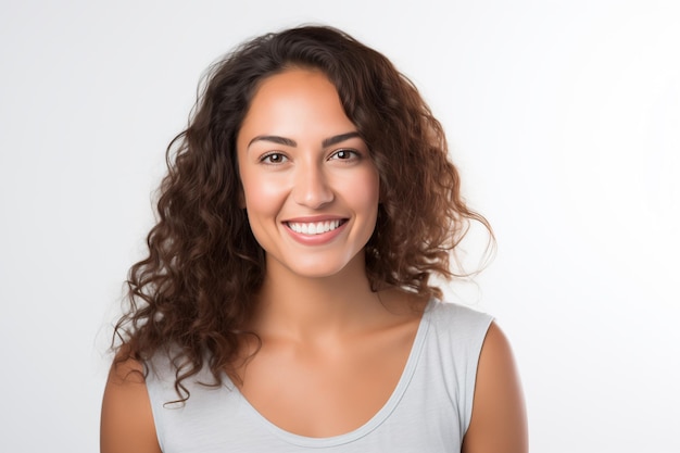 retrato de jovem mulher hispânica com cabelos castanhos ondulados fundo branco isolado