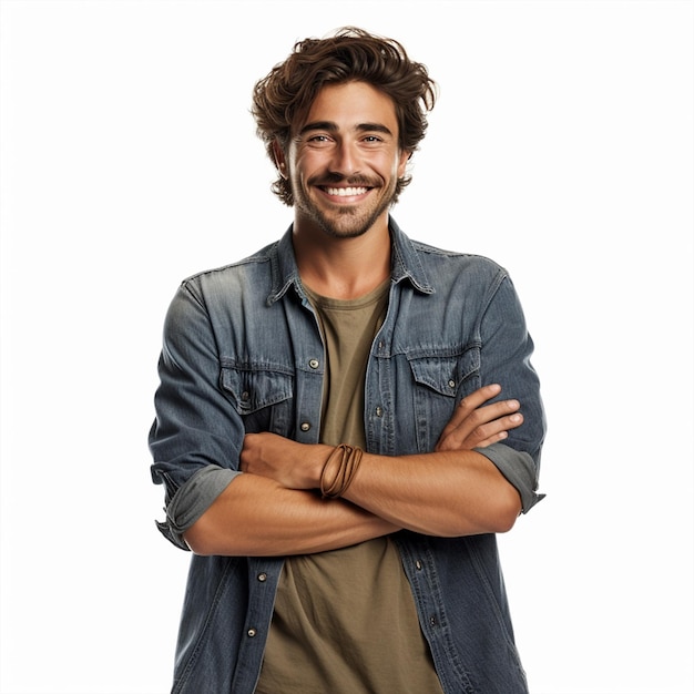 Retrato de jovem sorridente com braços cruzados e camisa de denim casual isolada em branco