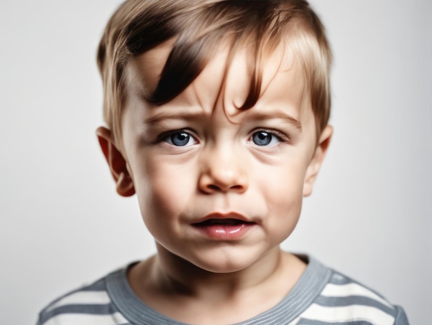 Foto retrato de jovem triste e ofendido chora menino criança no fundo branco do estúdio