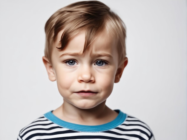 Retrato de jovem triste e ofendido chora menino criança no fundo branco do estúdio