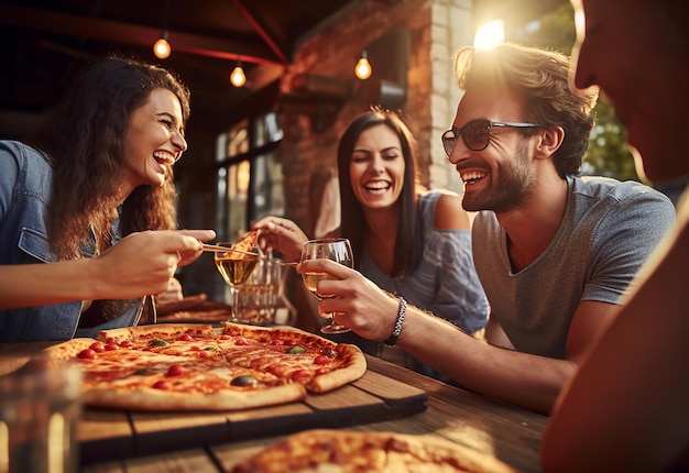 Retrato de jovens amigas famintas comendo pizza juntas