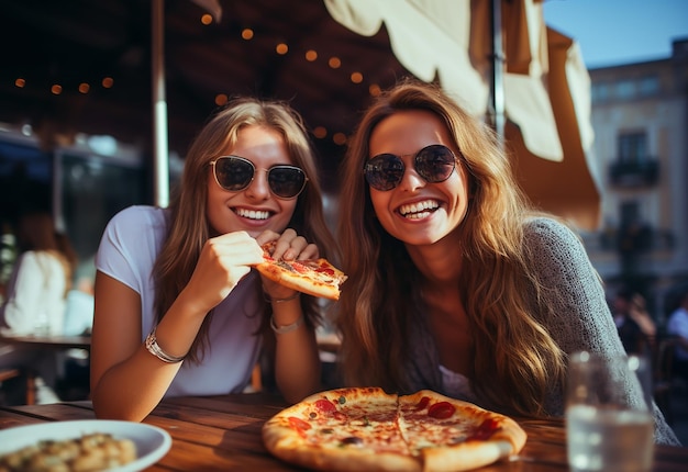 Retrato de jovens amigas famintas comendo pizza juntas