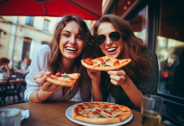 Foto retrato de jovens amigas famintas comendo pizza juntas