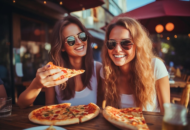 Retrato de jovens amigas famintas comendo pizza juntas