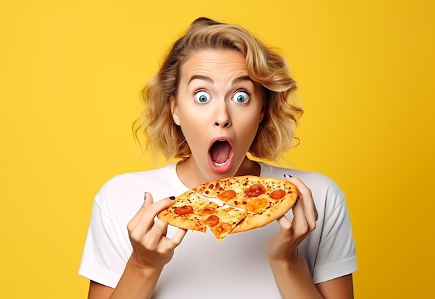 Retrato de jovens amigas famintas comendo pizza juntas