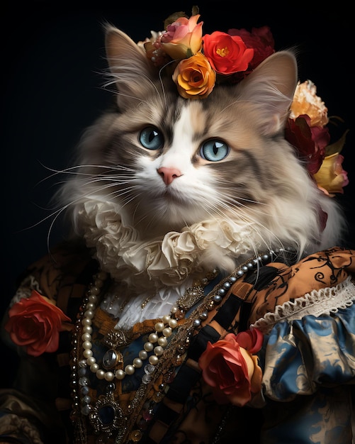 Retrato de Jovial Ragdoll Cat vestindo uma roupa de brincalhão atinge um caráter antropomórfico Cheerf