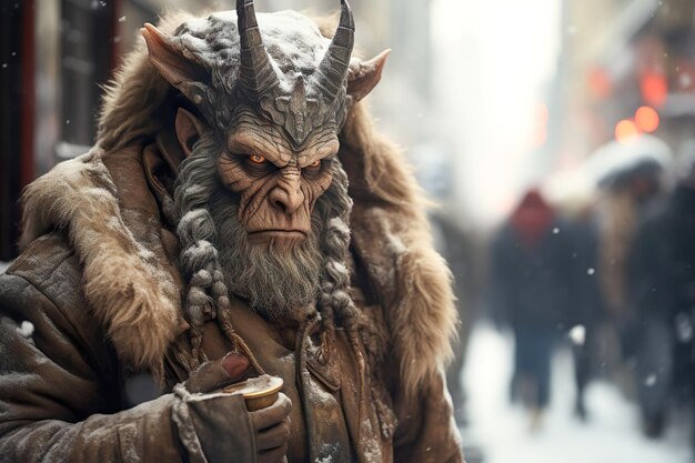 Retrato de Krampus Krampus com chifres caminhando na cidade de inverno Krampus é um Diabo do Natal ou um Senhor do Natal