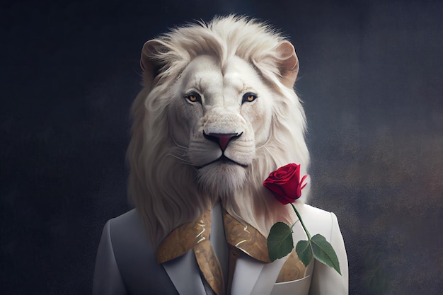 Retrato de leão com rosa Generative AI