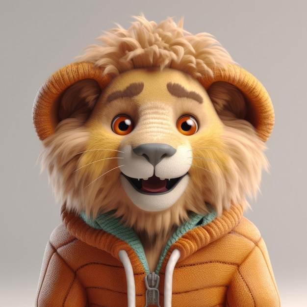 Retrato de leão de desenho animado 3D vestindo chapéu de óculos de roupas e jaqueta em pé na frente
