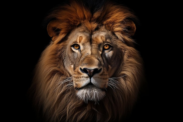 Retrato de leão majestoso em fundo preto Vida selvagem Majestade IA generativa