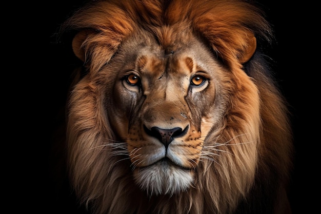 Retrato de leão majestoso em fundo preto Vida selvagem Majestade IA generativa