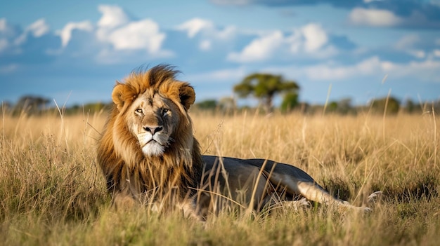 Retrato de leão na savana Retrato de um leão macho forte AI Generative