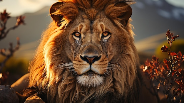 retrato de leão no fundo do pôr do sol