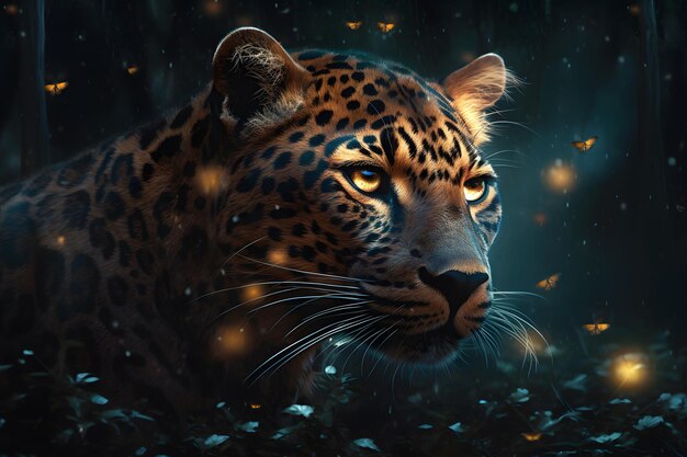 Retrato de leopardo fechado em fundo escuro Rede neural gerada por IA