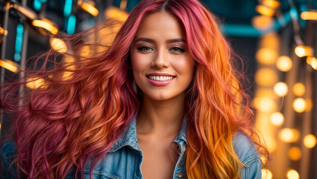 Retrato de linda garota com cabelos multicoloridos