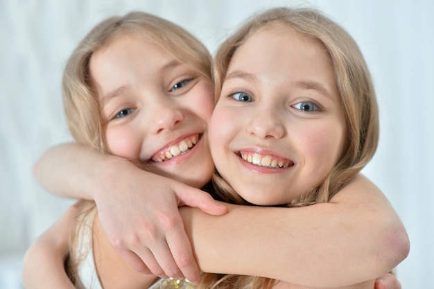 retrato de lindas irmãs gêmeas abraçadas