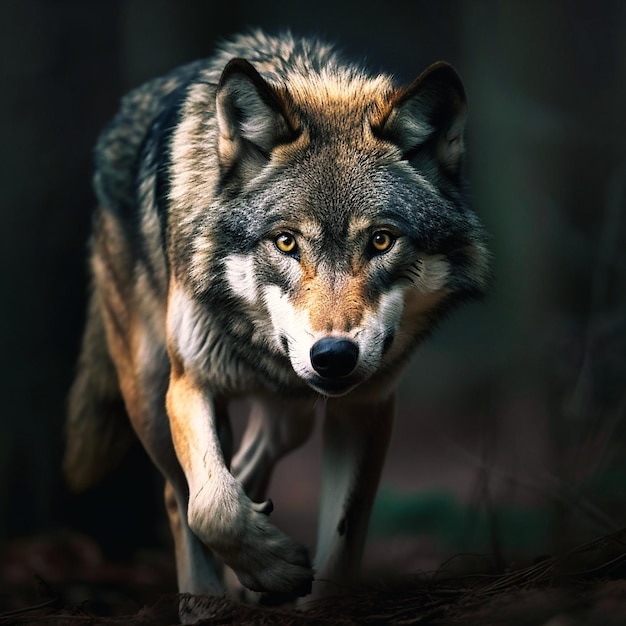 Retrato de lobo cinzento correndo predador na noite IA generativa