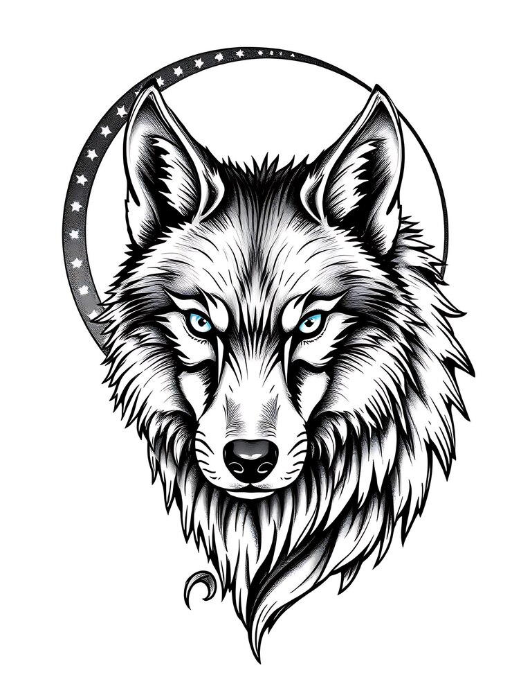 Foto retrato de lobo com desenho de lua ilustração em preto e branco